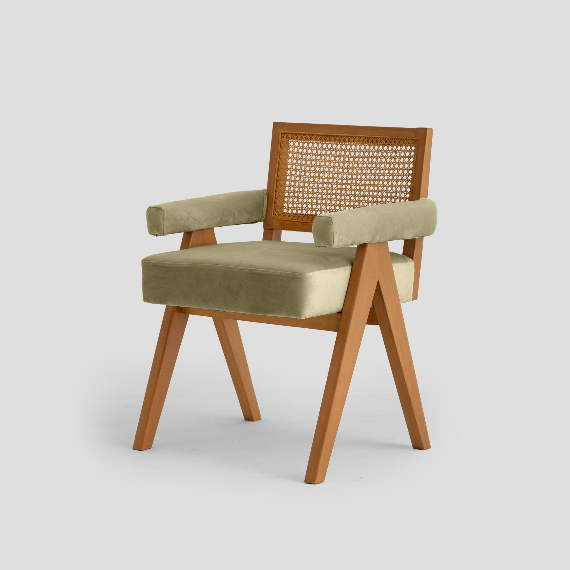 Elaf Caned Armchair in cane back, beech wood, and padded seat, featuring mid century styling.