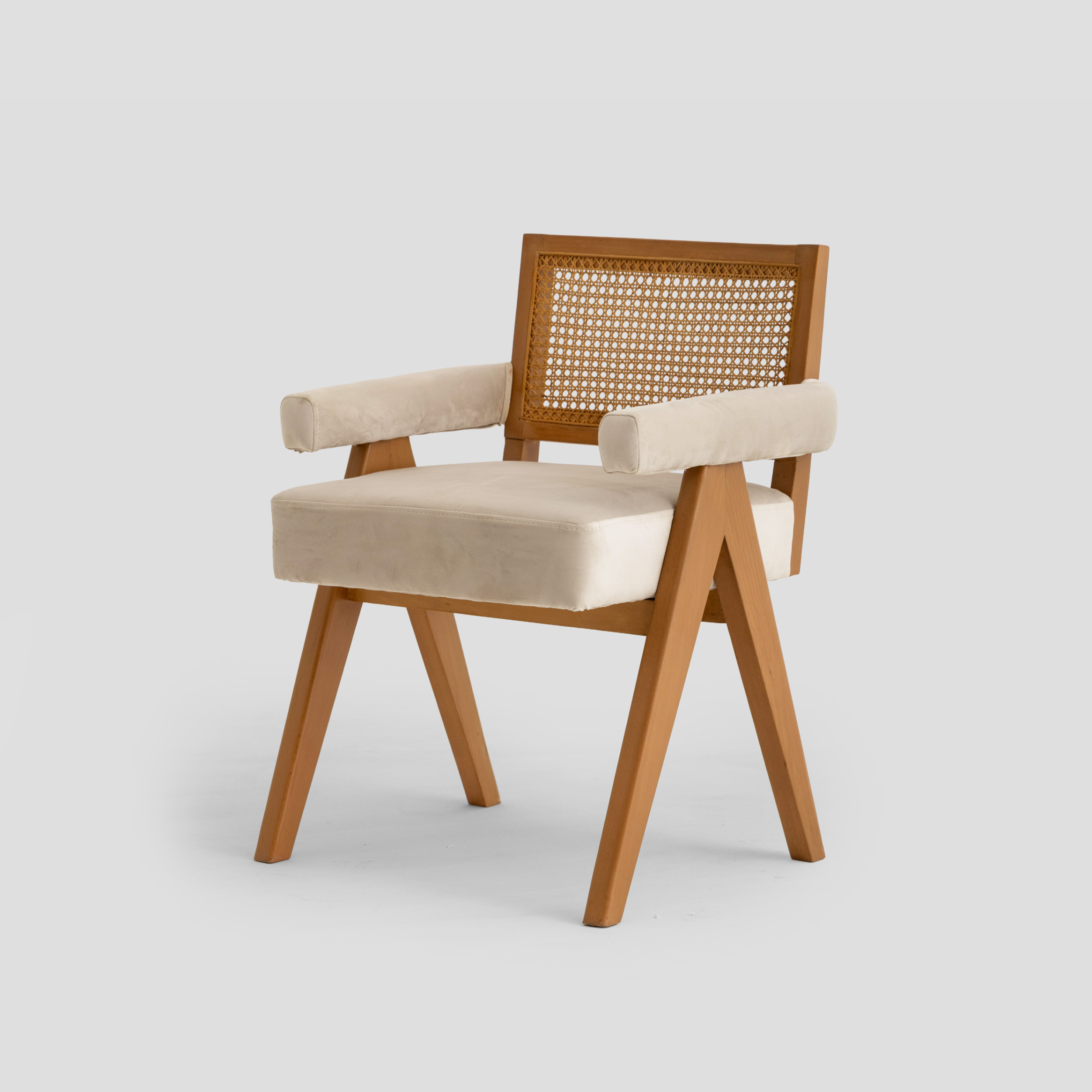 Elaf Caned Armchair in cane back, beech wood, and padded seat, featuring mid century styling.
