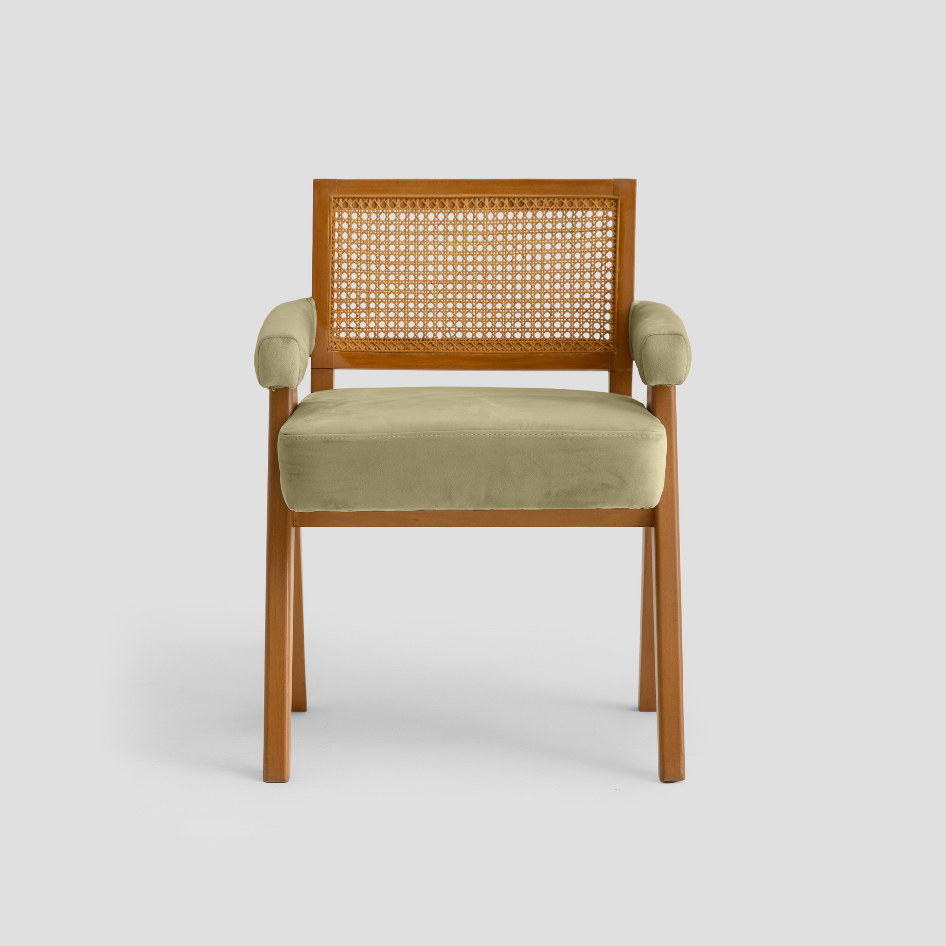 Elaf Caned Armchair in cane back, beech wood, and padded seat, featuring mid century styling.