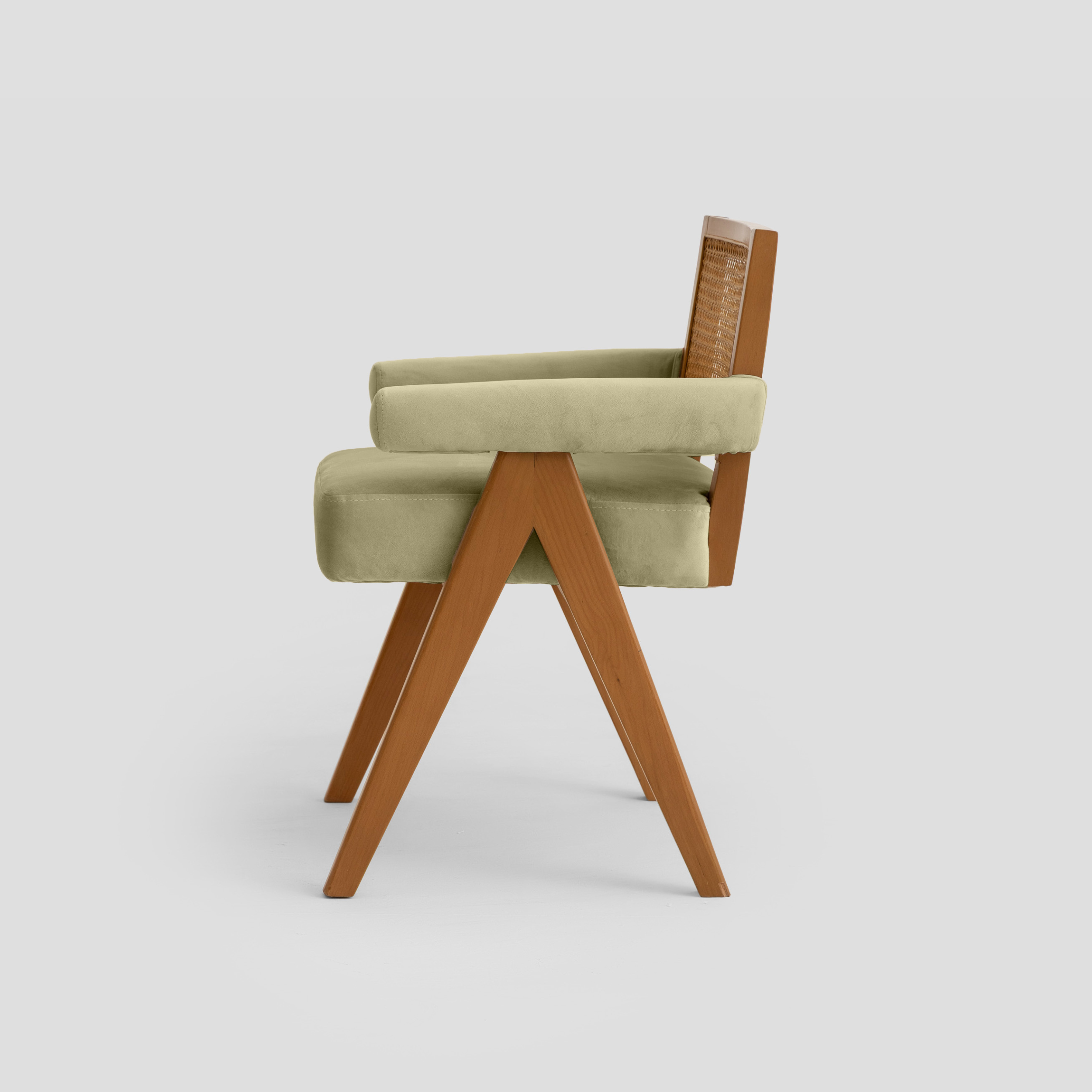 Elaf Caned Armchair in cane back, beech wood, and padded seat, featuring mid century styling.