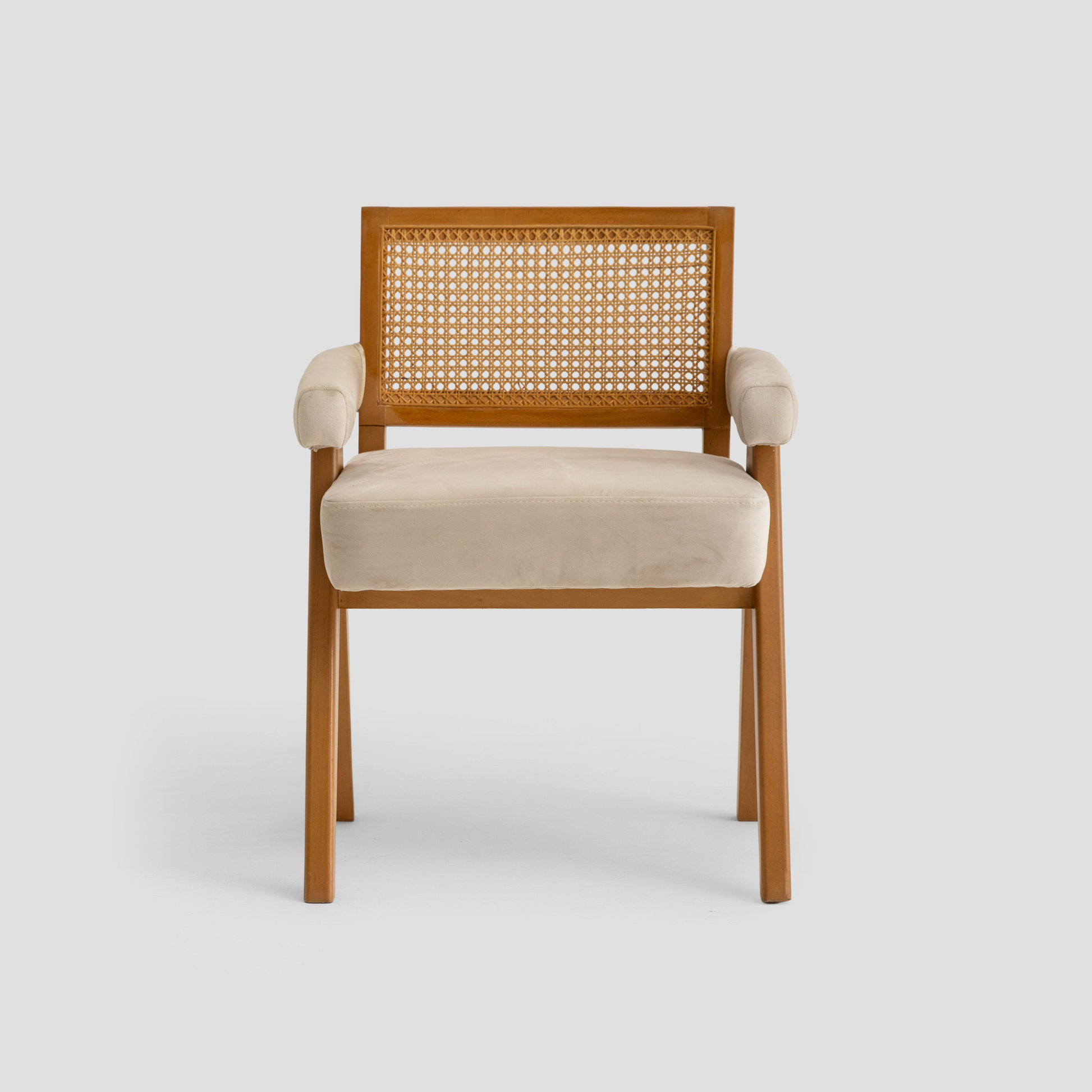 Elaf Caned Armchair in cane back, beech wood, and padded seat, featuring mid century styling.