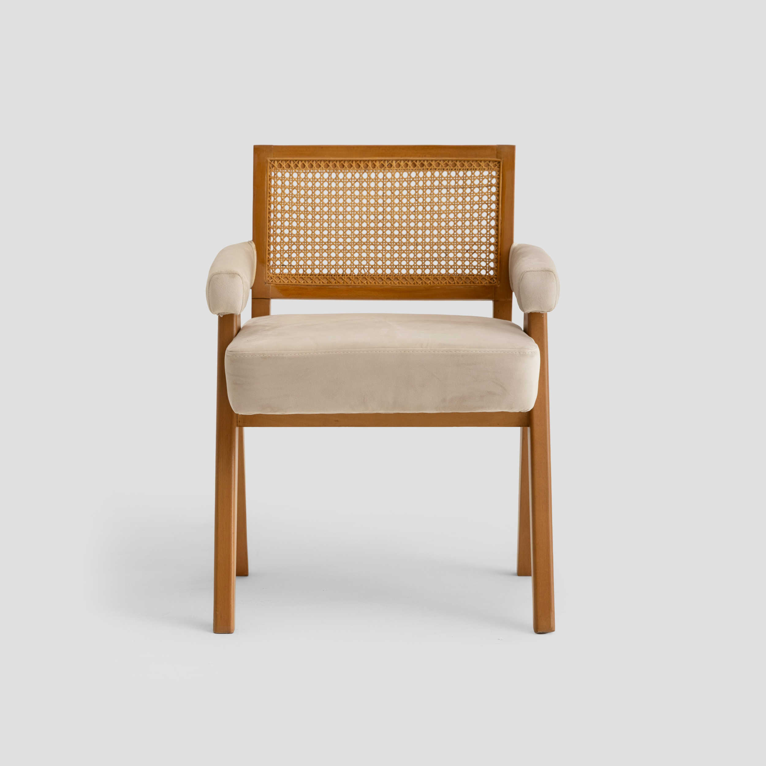 Elaf Caned Armchair in cane back, beech wood, and padded seat, featuring mid century styling.