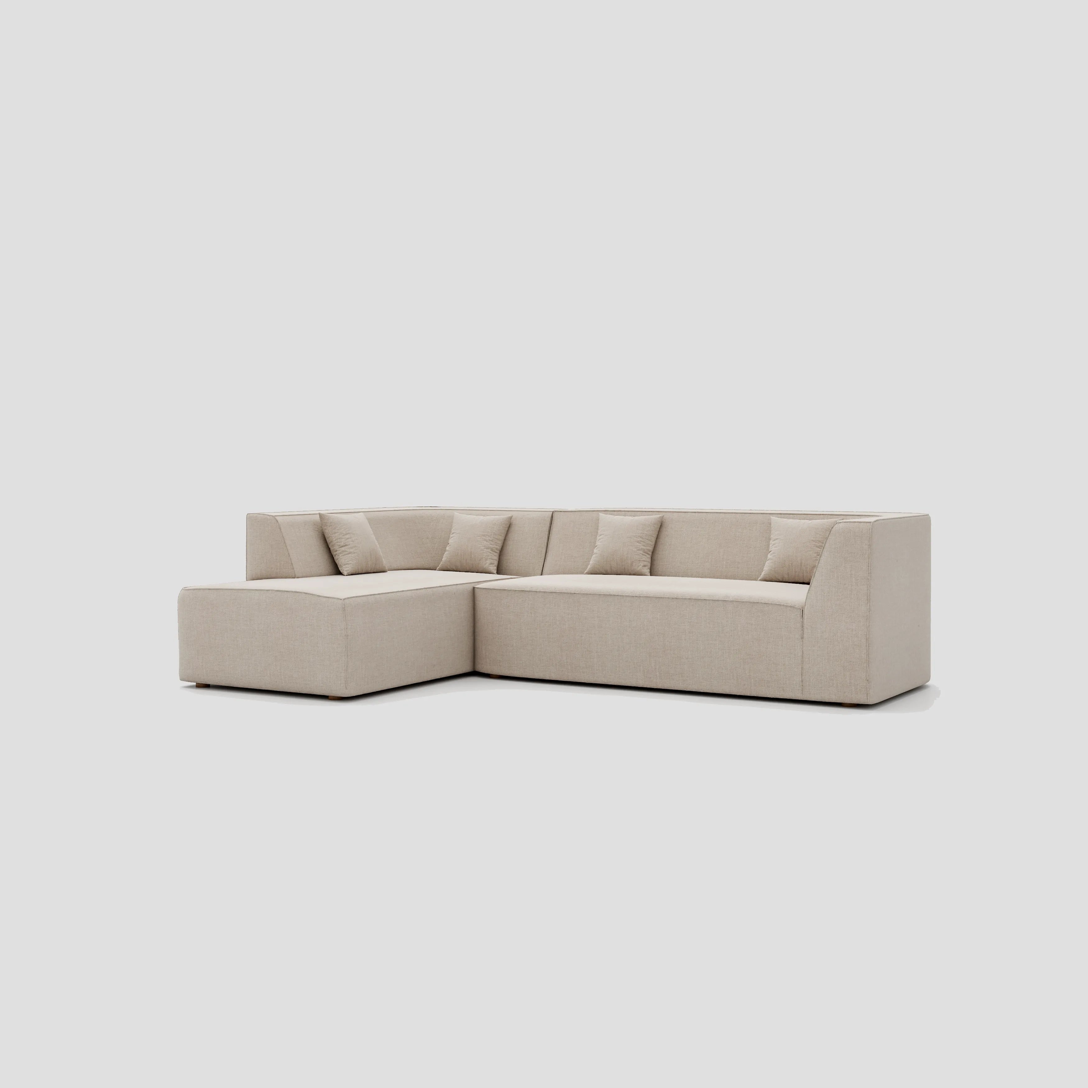 Modern floor sitting L shape modular sectional sofa with a beech frame and polyester cushions.