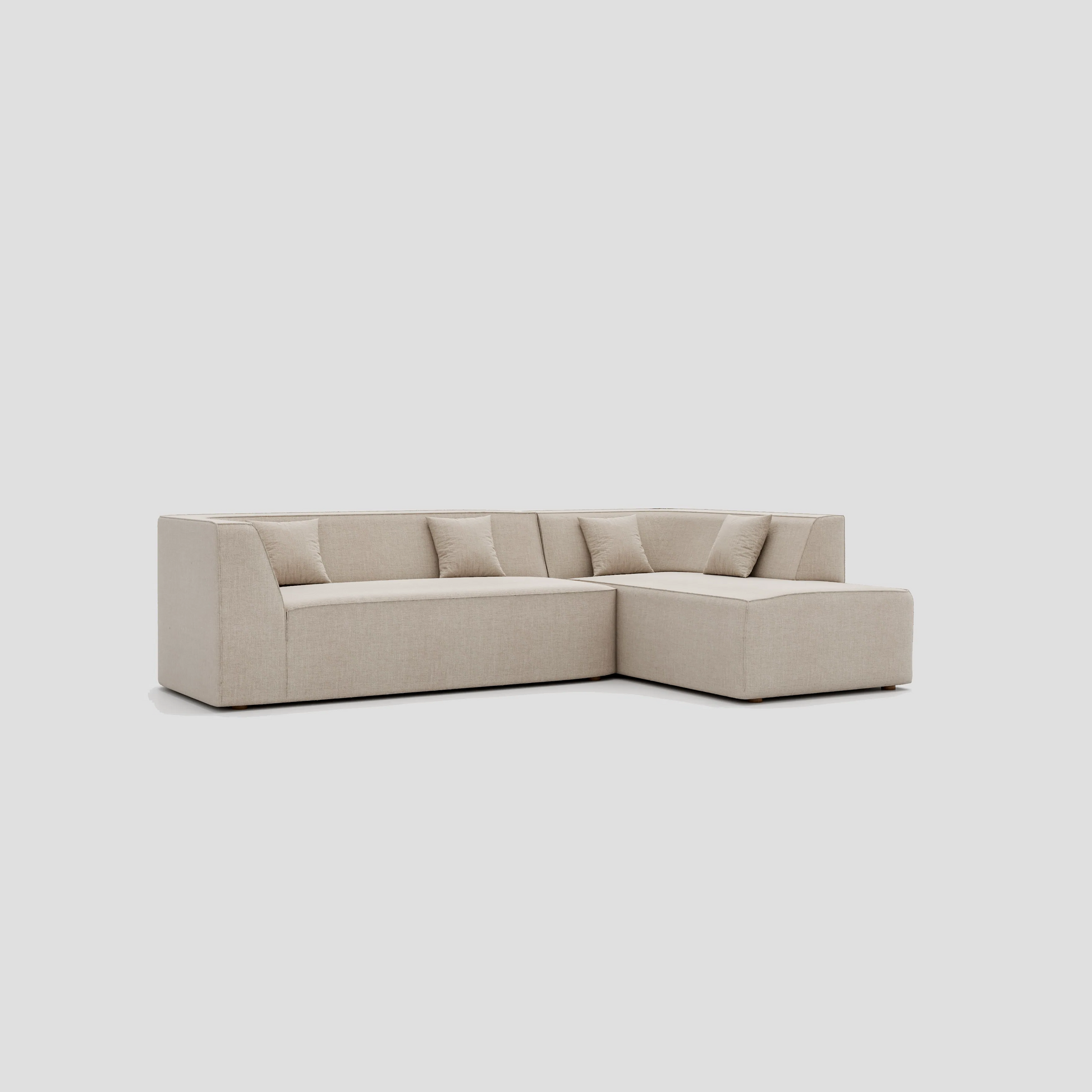 Modern floor sitting L shape modular sectional sofa with a beech frame and polyester cushions.