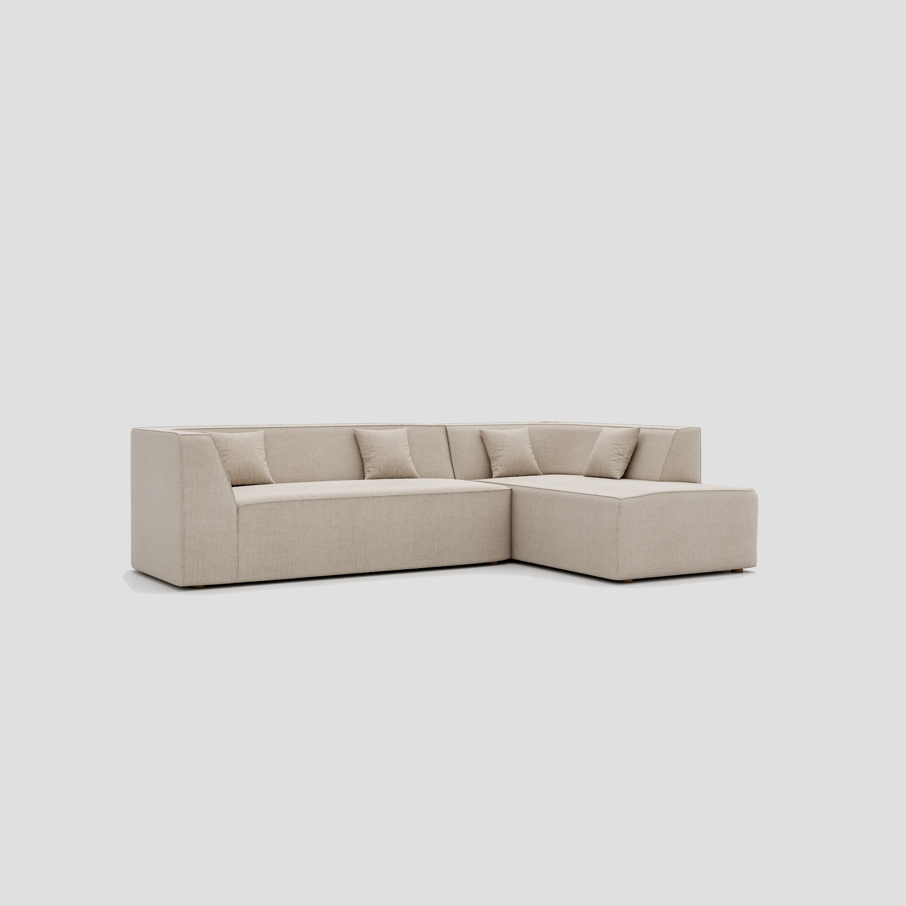 Modern floor sitting L shape modular sectional sofa with a beech frame and polyester cushions.
