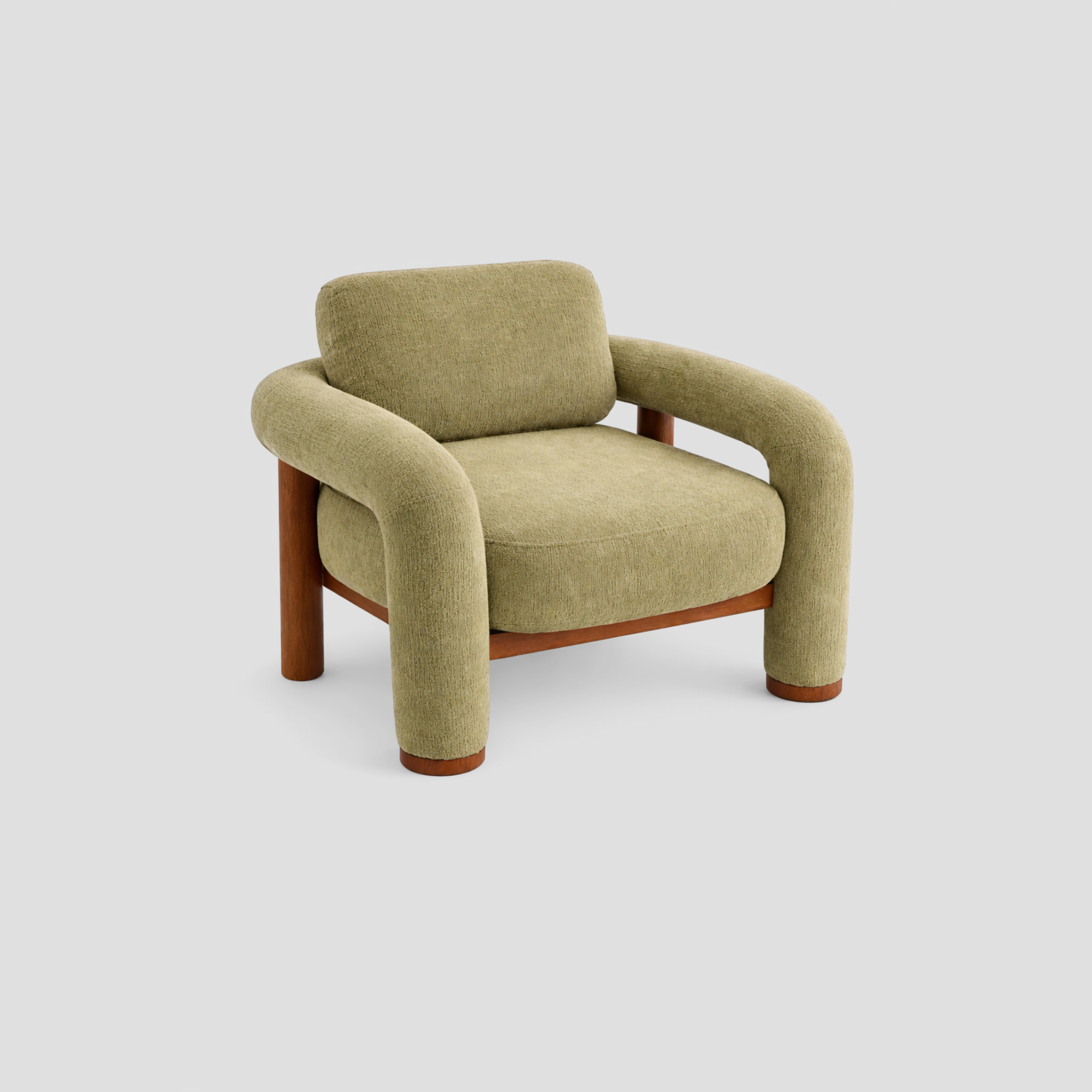 Matcha Armchair in beech frame, featuring mid century modern styling, with reading.