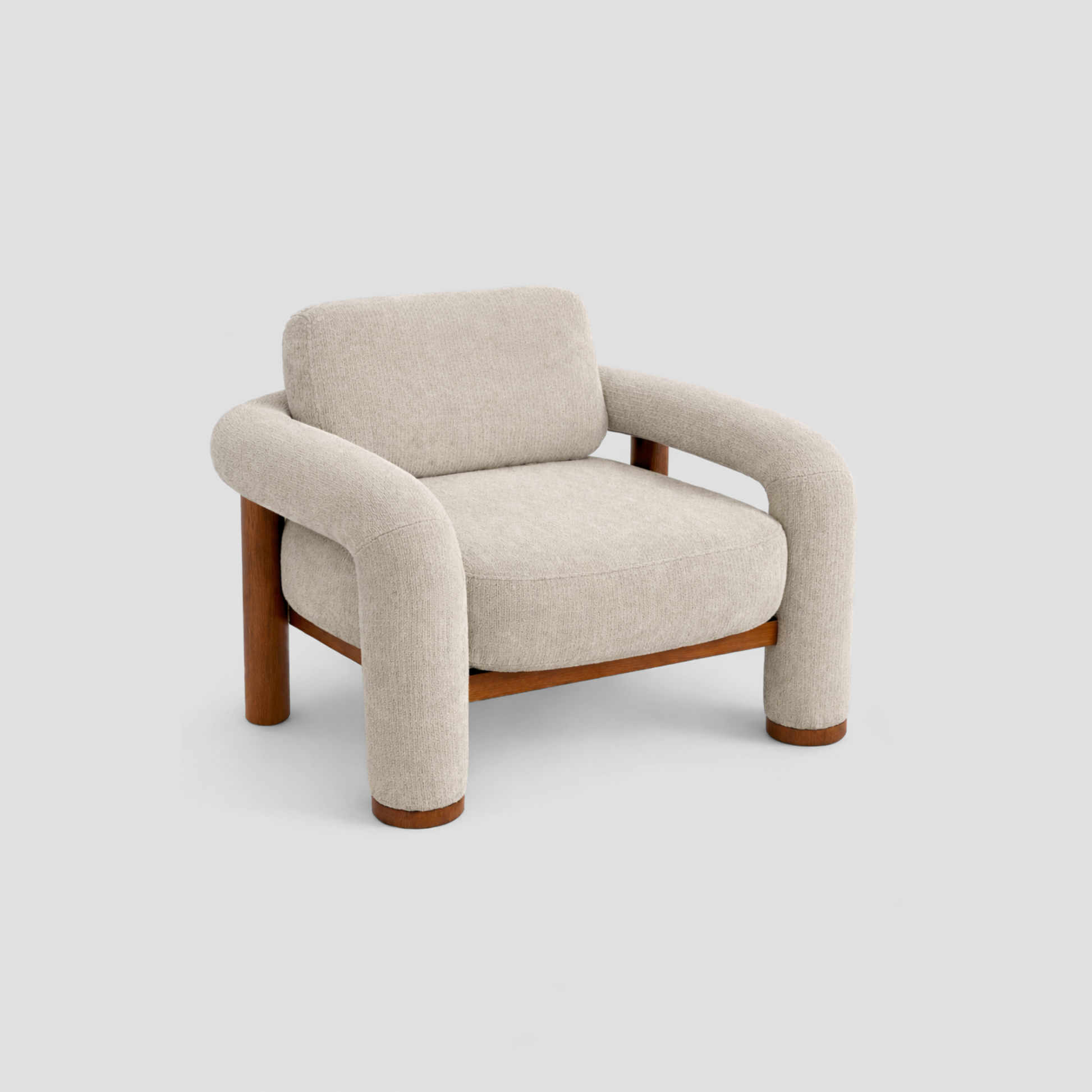 Matcha Armchair in beech frame, featuring mid century modern styling, with reading.