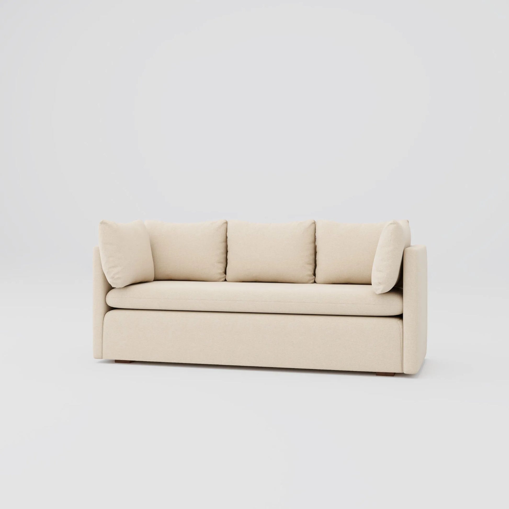 Modern family room three seater sofa featuring a solid wood frame and fabric upholstery.