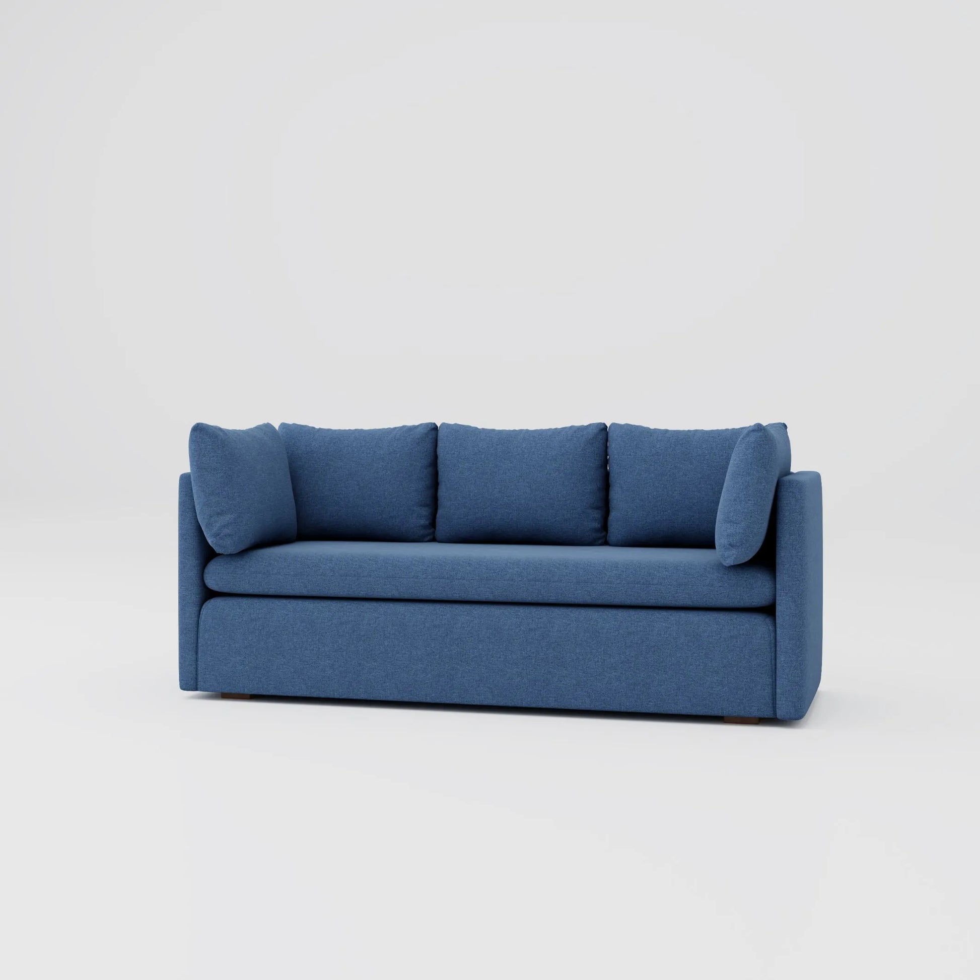 Modern family room three seater sofa featuring a solid wood frame and fabric upholstery.