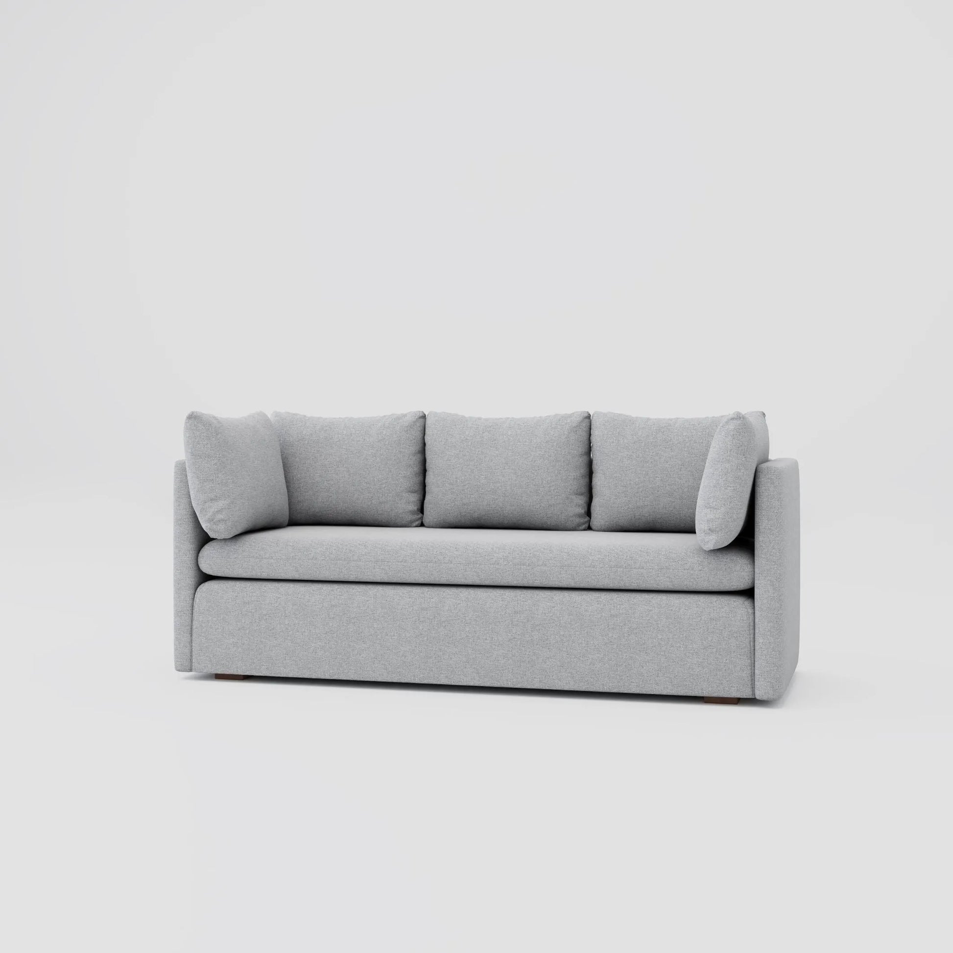 Modern family room three seater sofa featuring a solid wood frame and fabric upholstery.