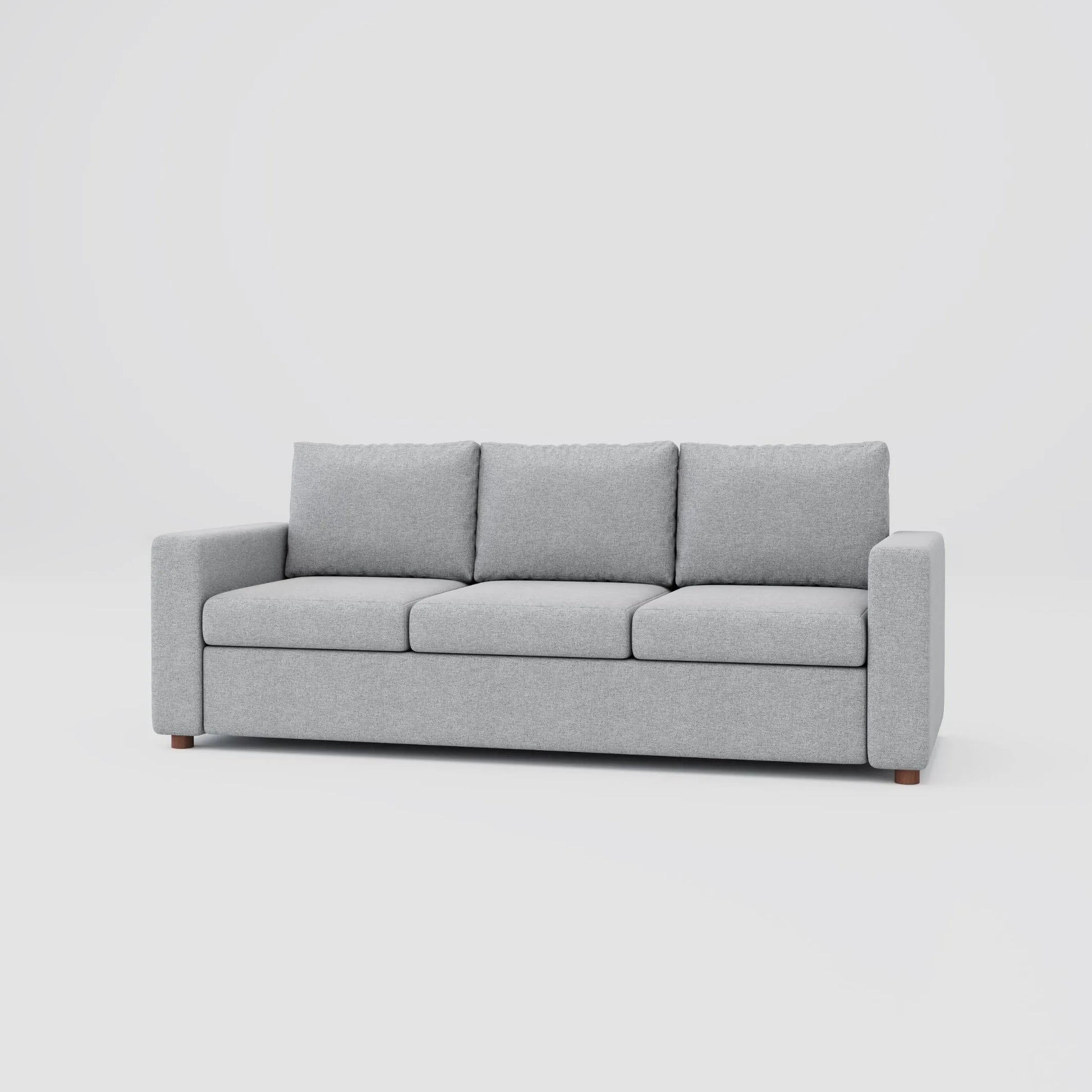Modern three seater cushion back sofa with a polyester fabric and beech wood frame.