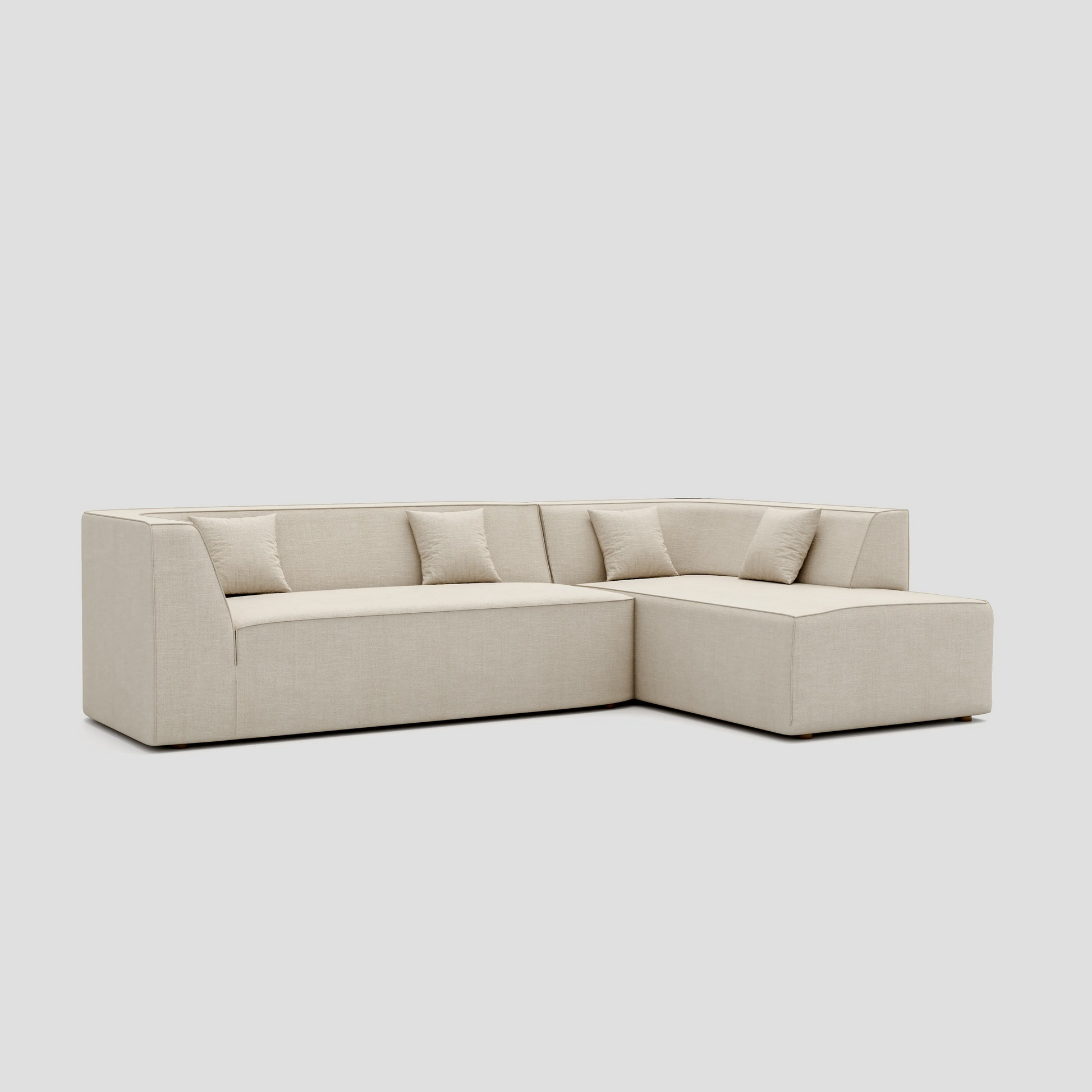 Modern floor sitting L shape modular sectional sofa with a beech frame and polyester cushions.