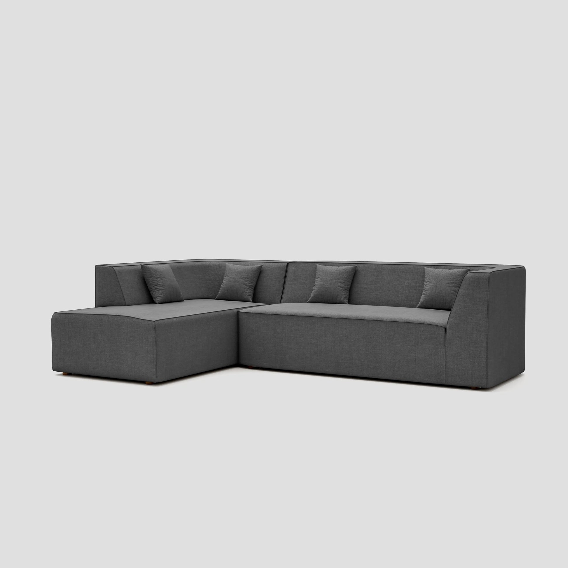 Modern floor sitting L shape modular sectional sofa with a beech frame and polyester cushions.