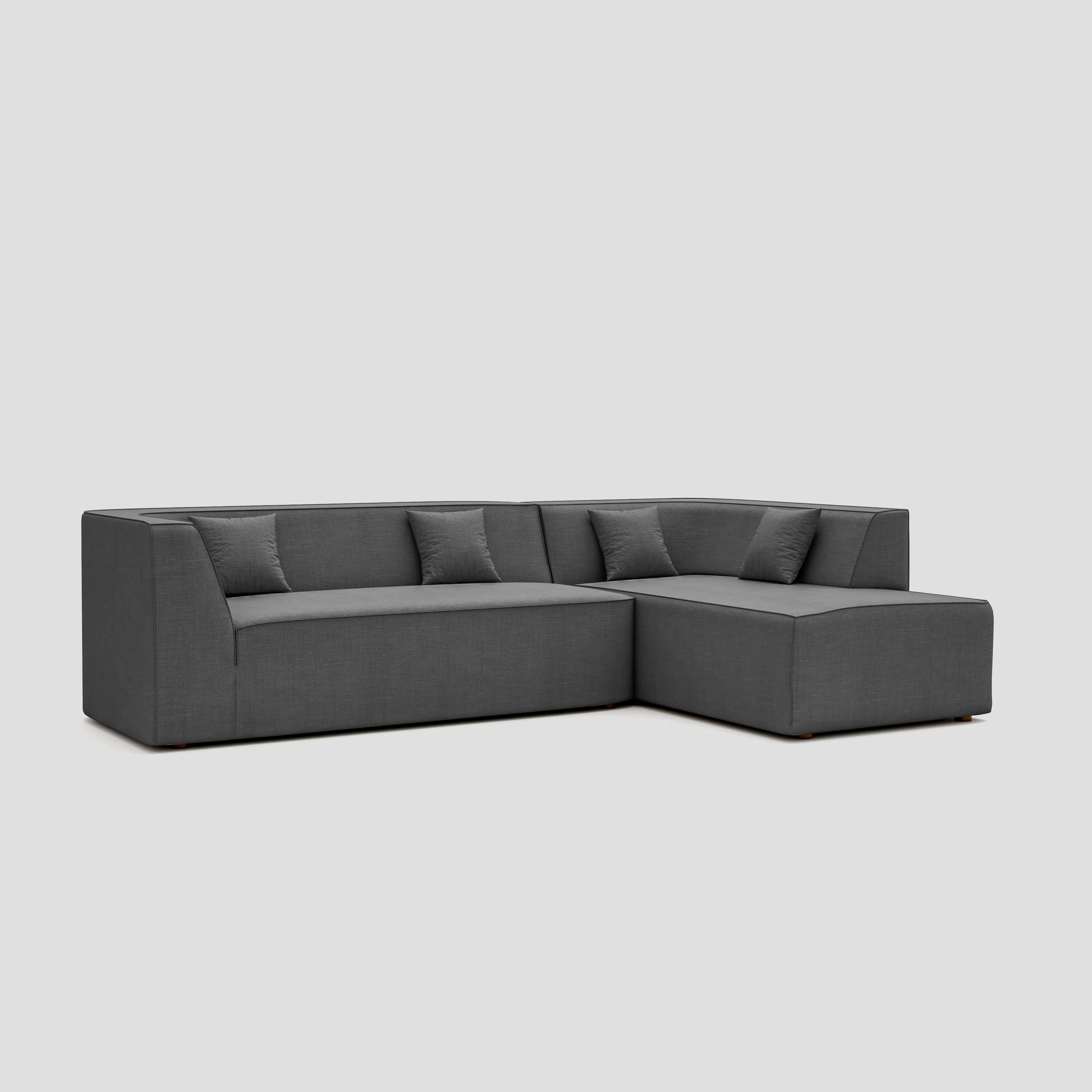 Modern floor sitting L shape modular sectional sofa with a beech frame and polyester cushions.