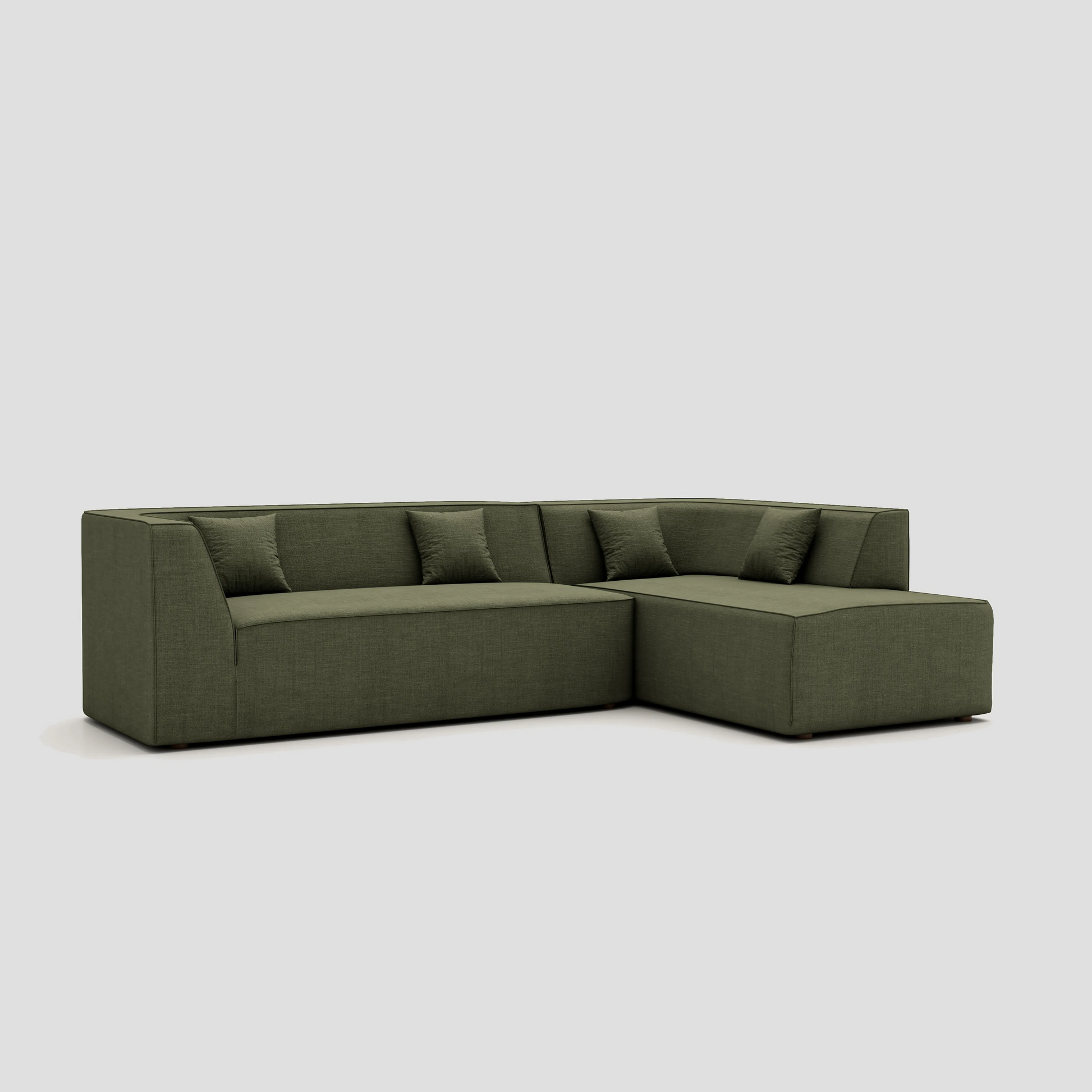 Modern floor sitting L shape modular sectional sofa with a beech frame and polyester cushions.