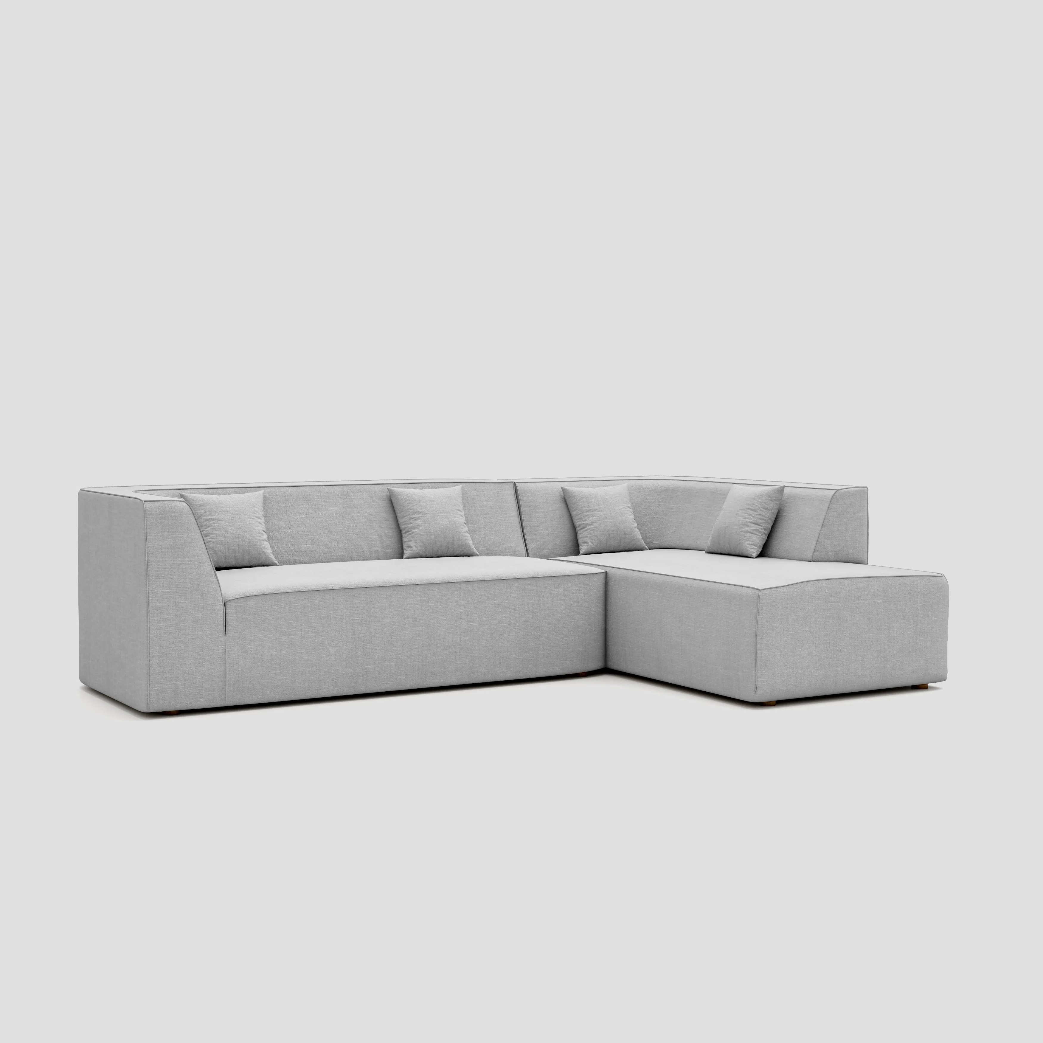 Modern floor sitting L shape modular sectional sofa with a beech frame and polyester cushions.