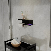 Toilet Paper Holder with Shelf in stainless steel holder, with bathroom and wall mounted holder.