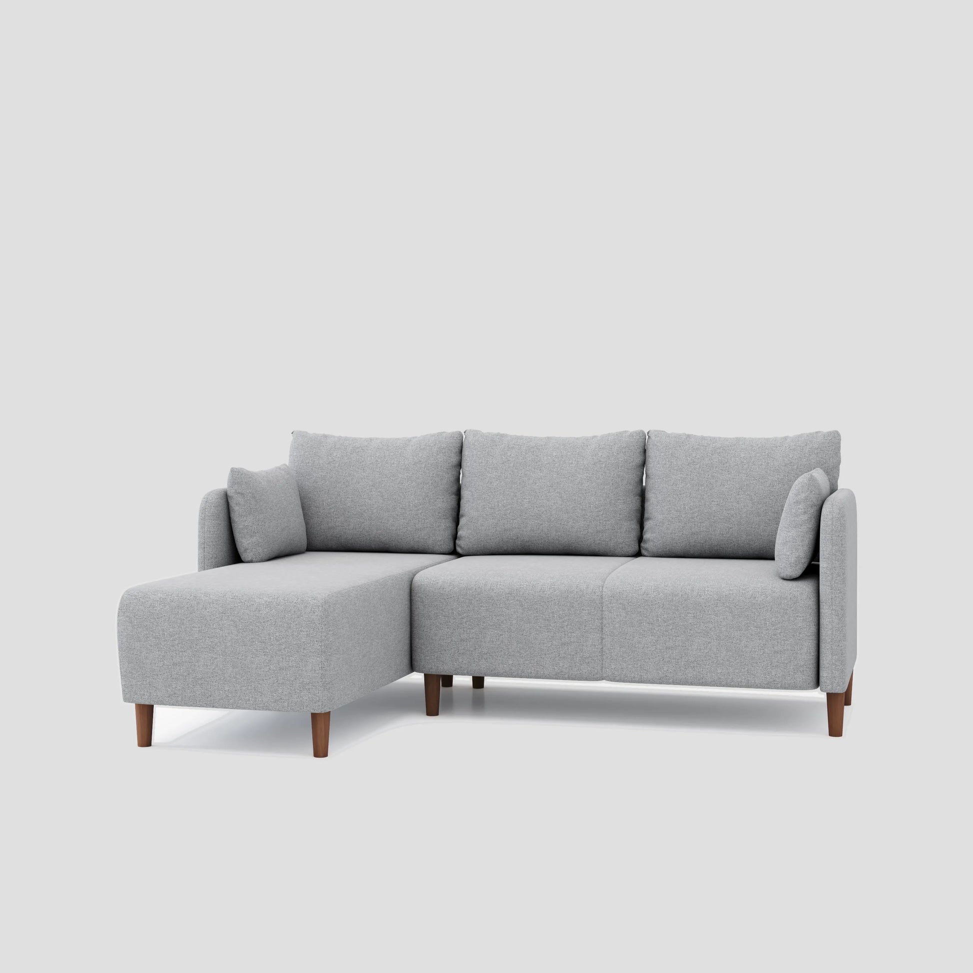 Modern L shape sectional chaise lounge sofa featuring a mousky wood frame and beech legs.