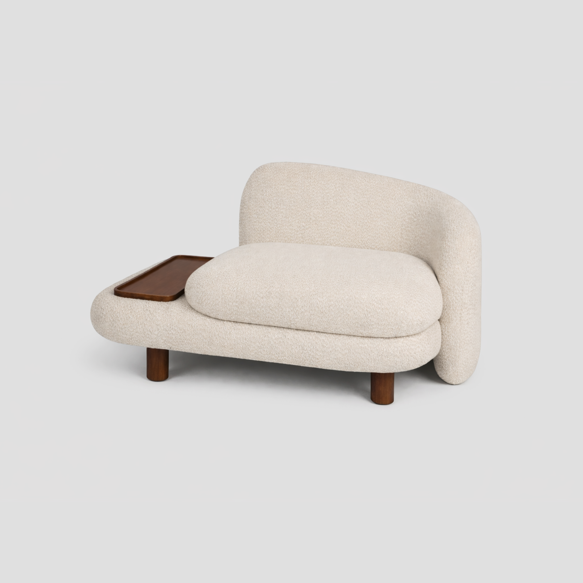 Onda Armchair in boucle and beech frame, featuring scandinavian styling, with reading.