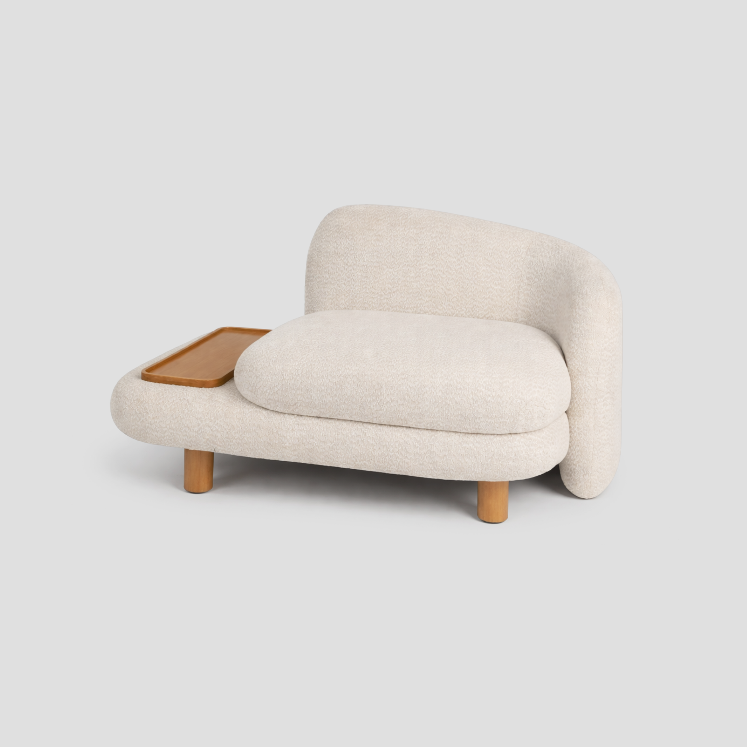 Onda Armchair in boucle and beech frame, featuring scandinavian styling, with reading.
