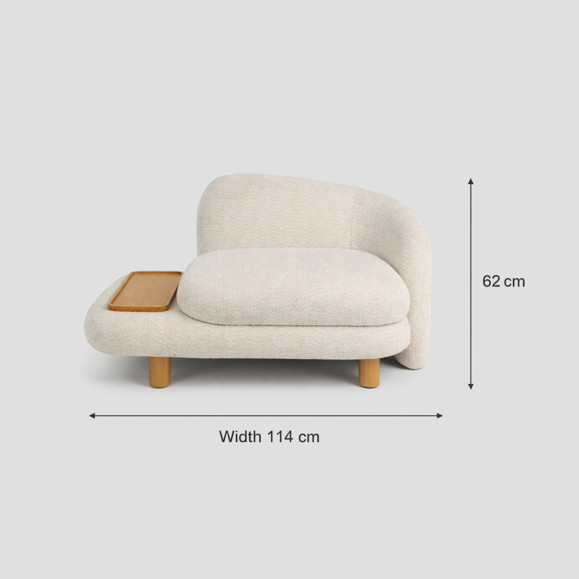 Onda Armchair in boucle and beech frame, featuring scandinavian styling, with reading.