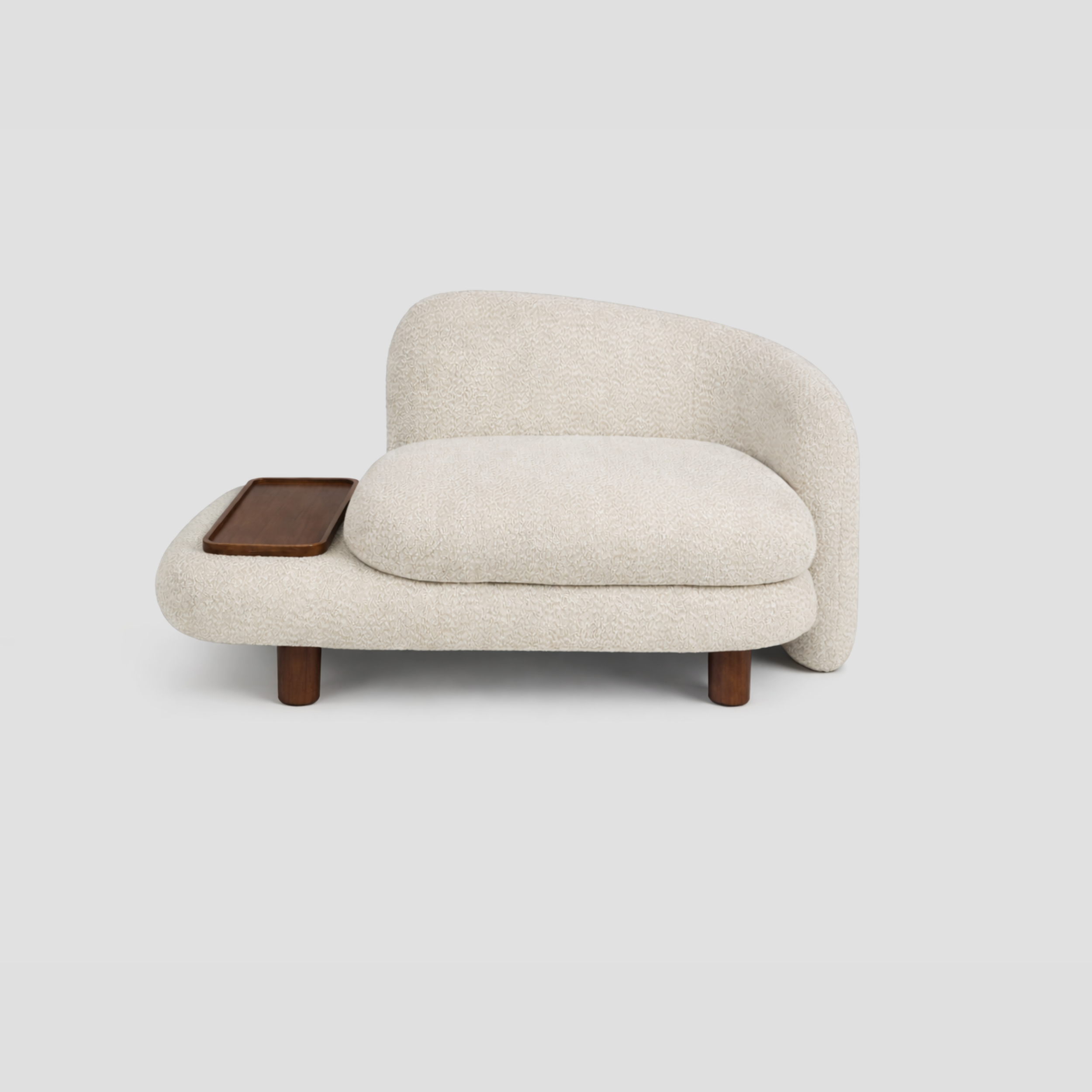 Onda Armchair in boucle and beech frame, featuring scandinavian styling, with reading.