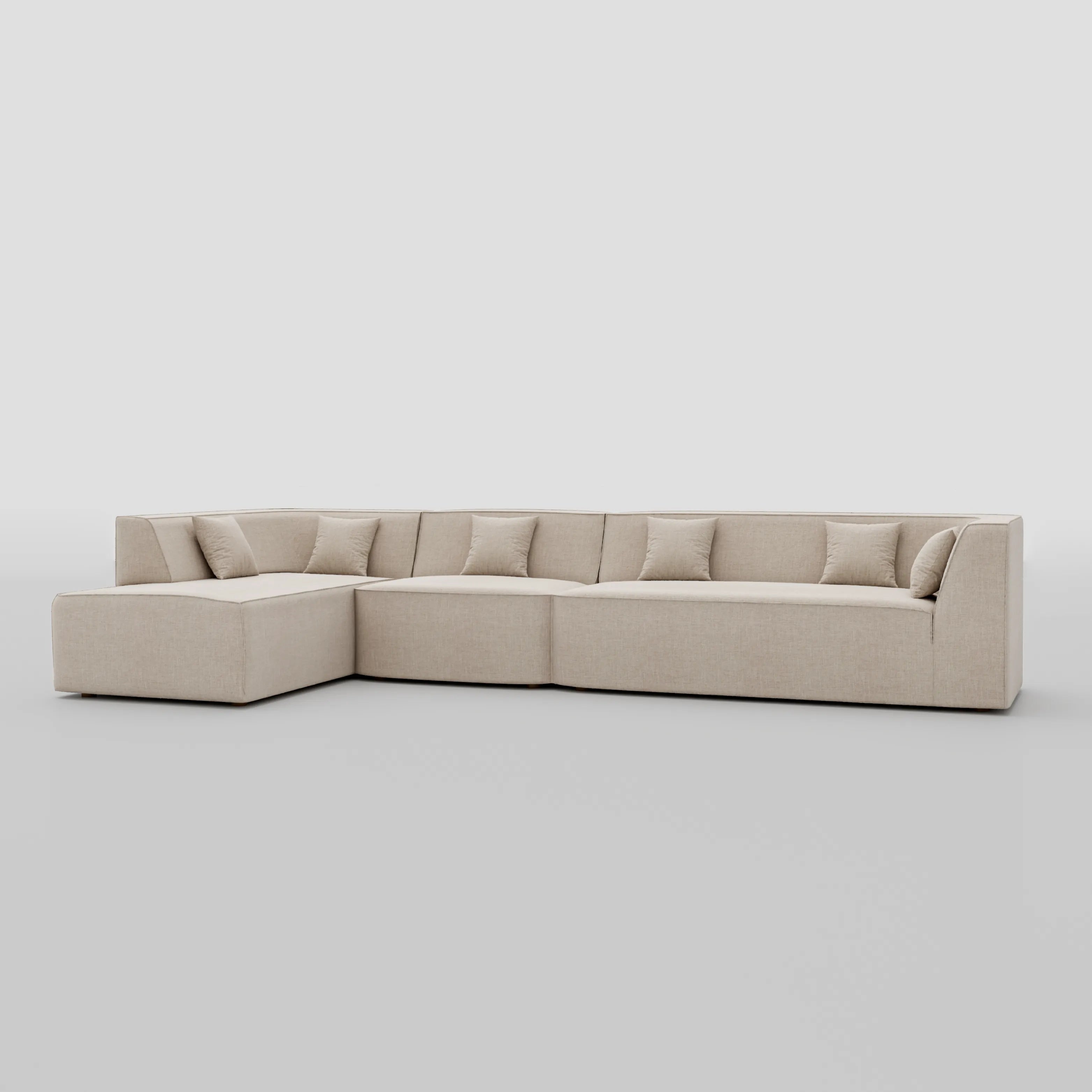 Large floor sitting L shape modular sofa with a pillow back beech frame design.