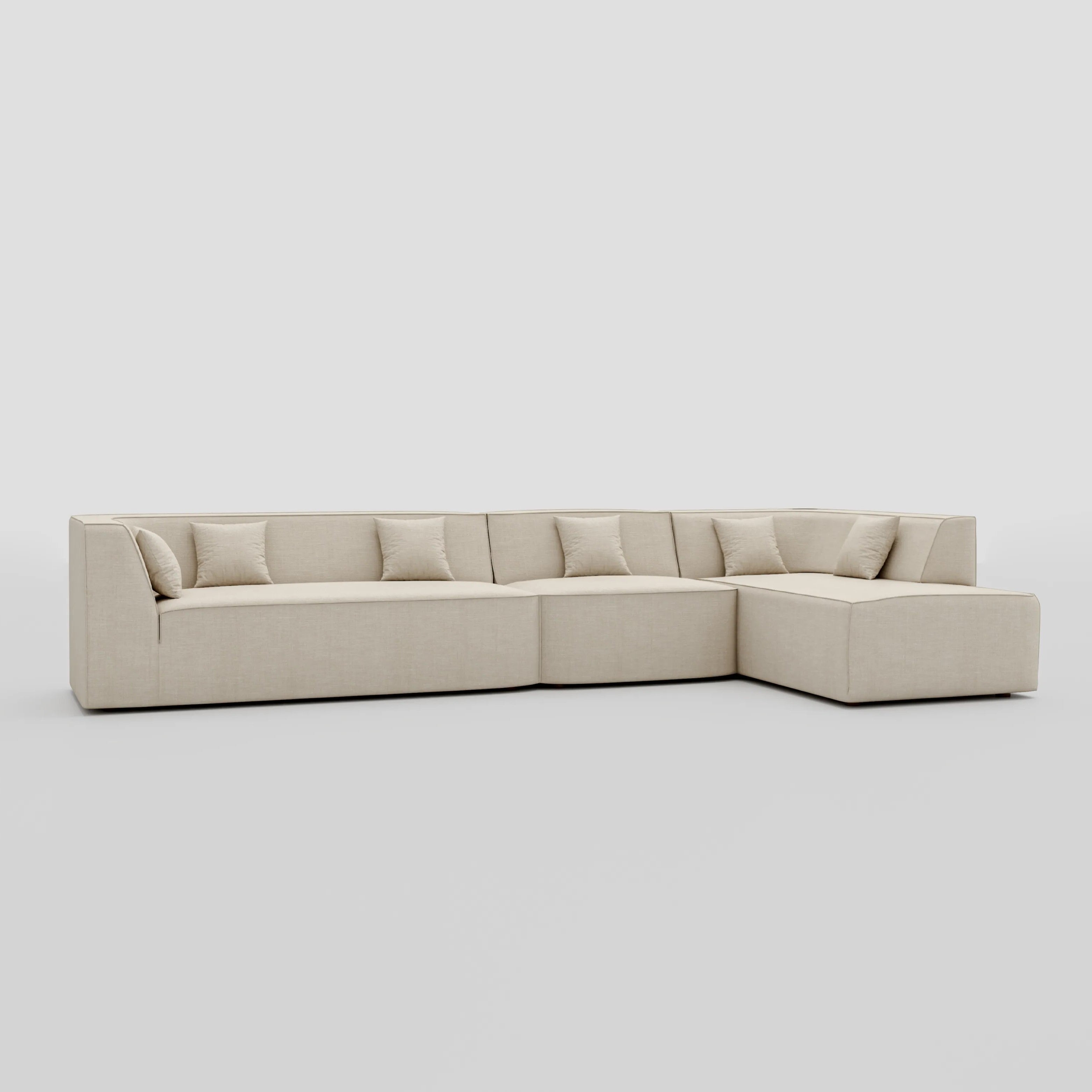 Large floor sitting L shape modular sofa with a pillow back beech frame design.