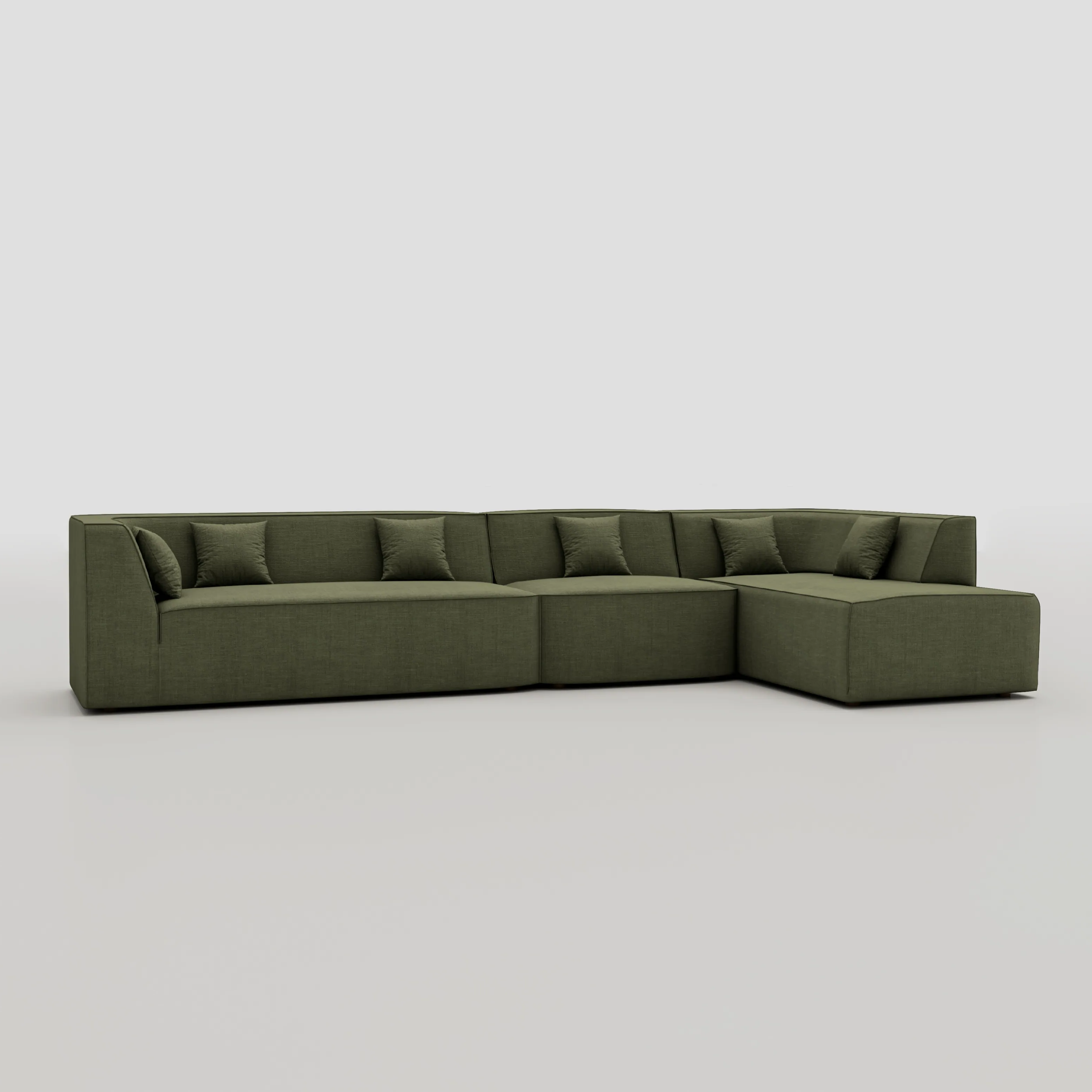 Large floor sitting L shape modular sofa with a pillow back beech frame design.
