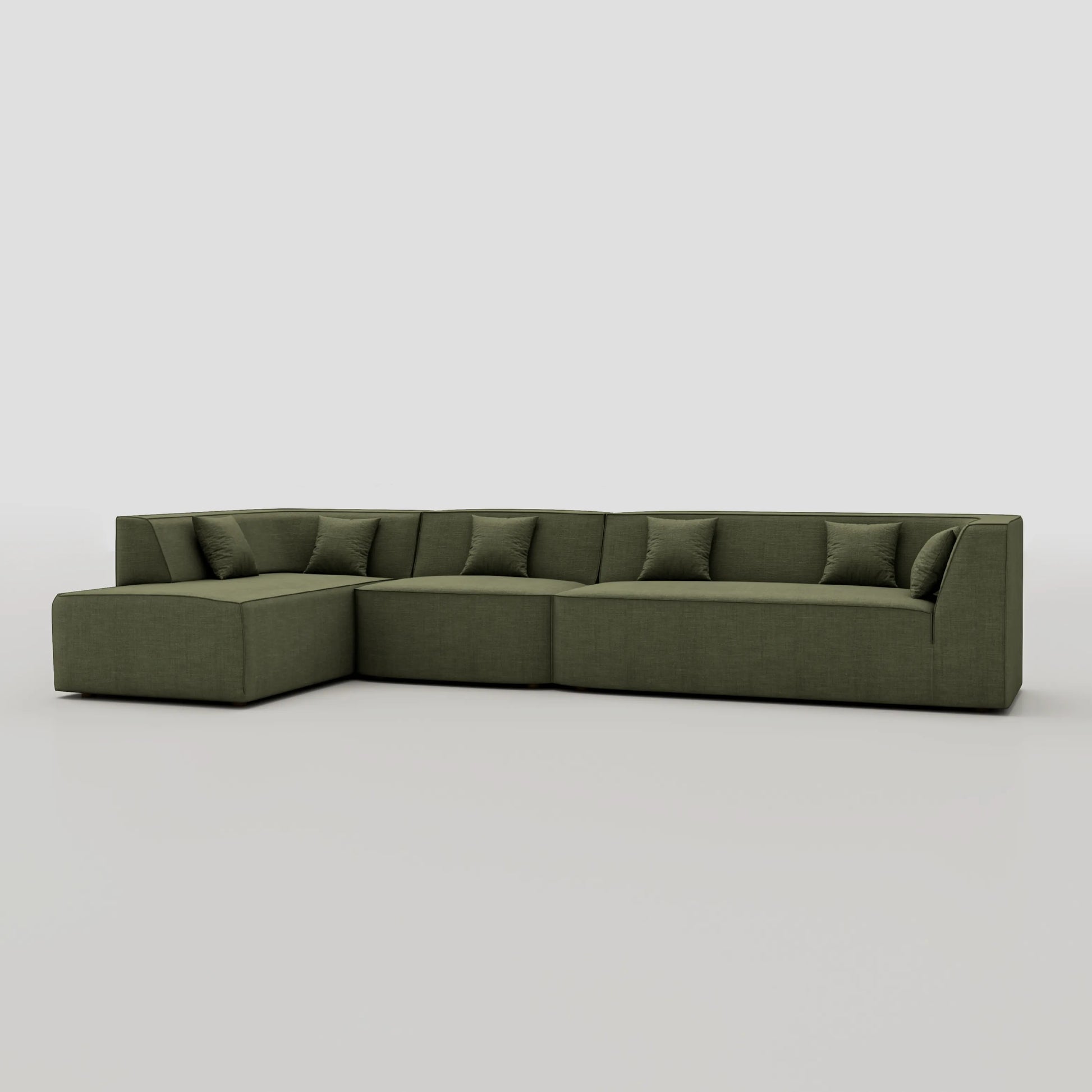 Large floor sitting L shape modular sofa with a pillow back beech frame design.